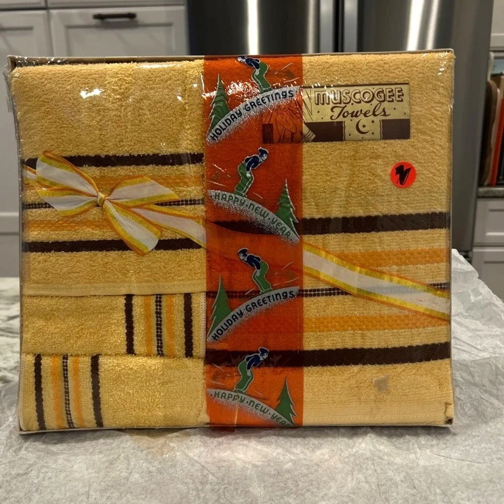 VTG Muscogee Towels Bathroom Towel Set Yellow Brown Mid Century Modern Atomicf